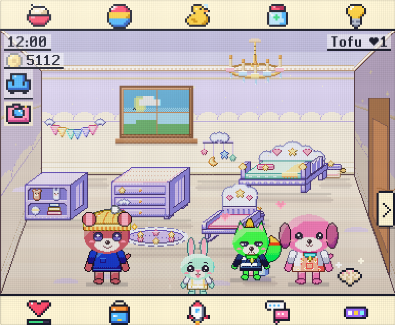 Five pets together in a nursery room